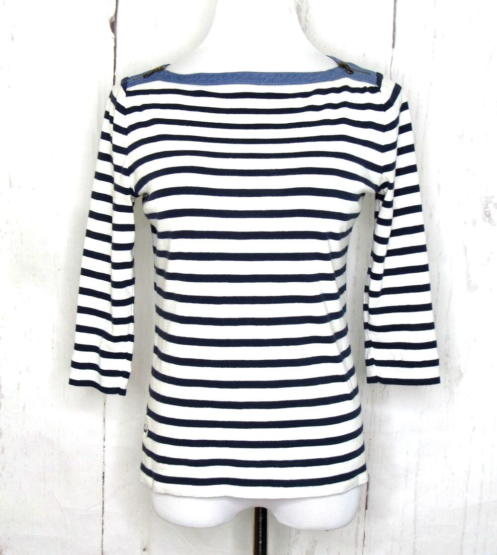 LRL Lauren Jeans Co Women's 3/4 Sleeve Top White Blue Stripe Nautical Size M